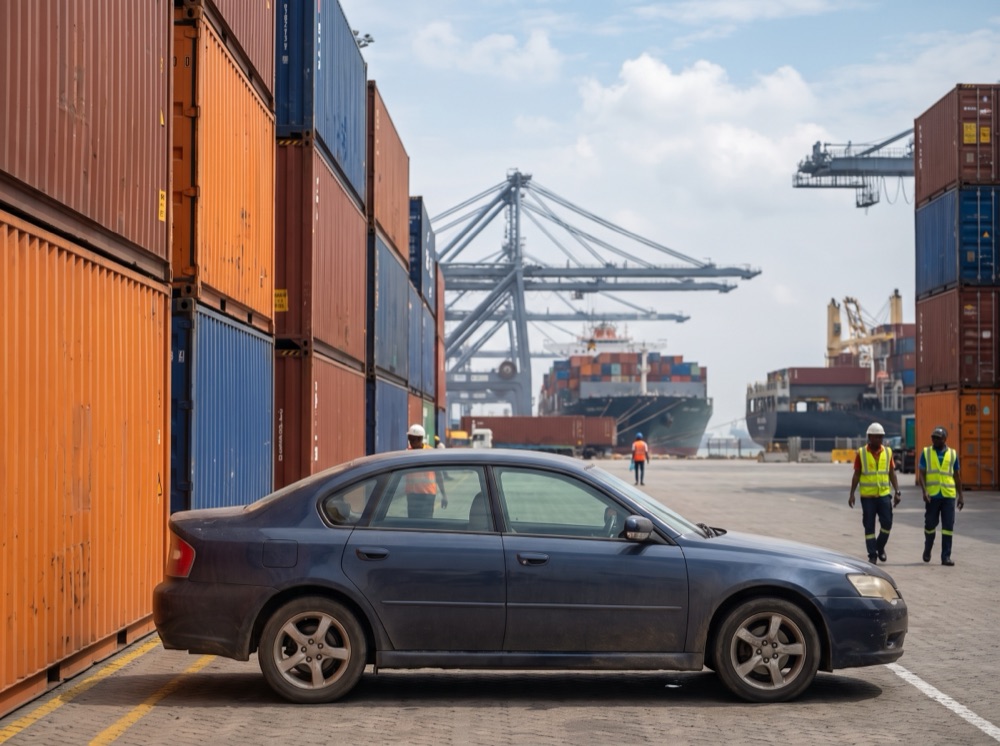A car prepared for export at the port